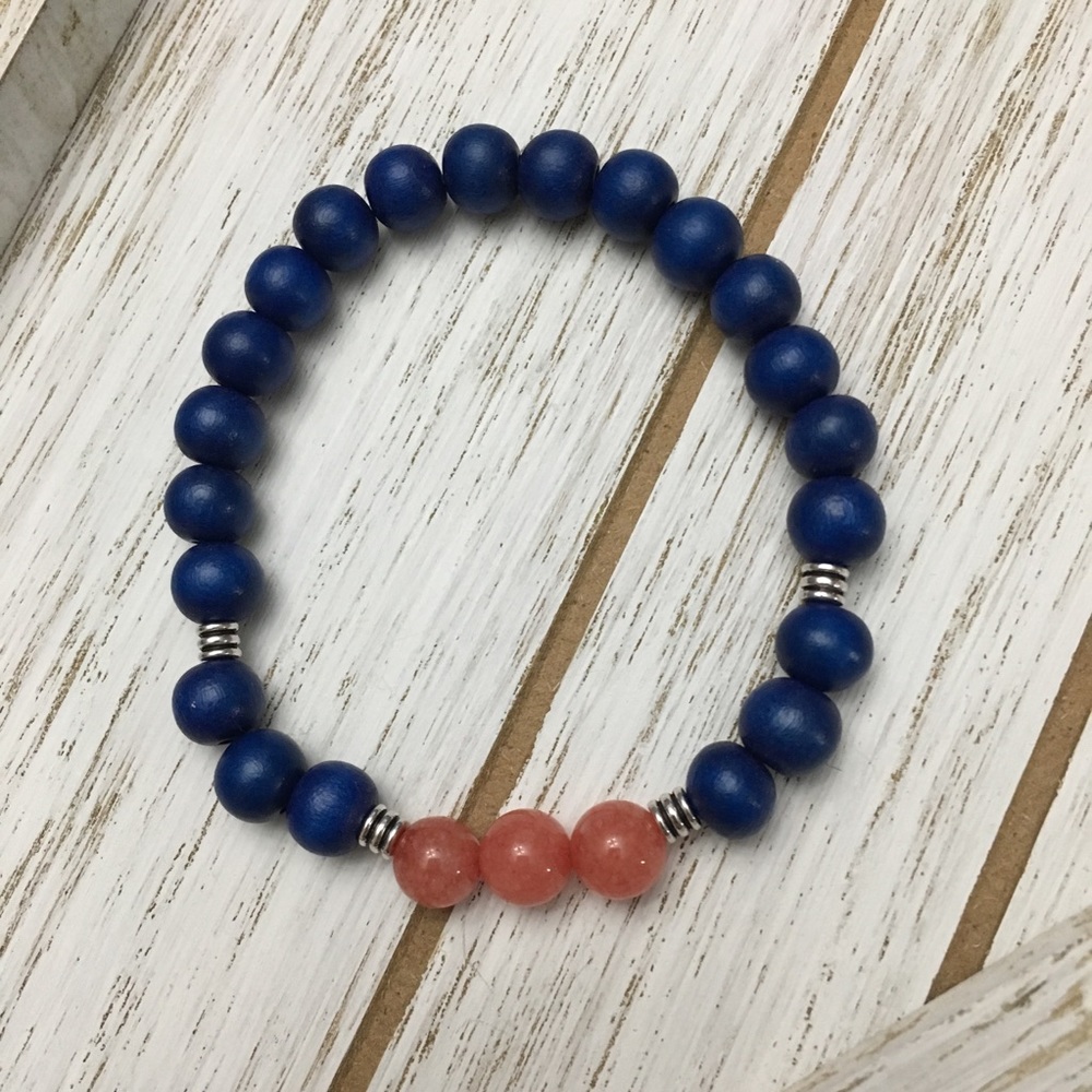 Pink Jade and Wood Beaded Bracelet- Size 7